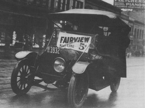 Jitneys were popular in Regina and other cities across Canada 100 years ago, like this one in Vancouver, with the destination and price clearly displayed on the windshield. UBC, British Columbia Electric Company, 1915