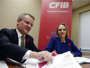 Dan Kelly, president and CEO of the Canadian Federation of Independent Business, and Marilyn Braun-Pollon, Saskatchewan vice-president of CFIB, met in Regina recently to discuss the proposed expansion of the Canada Pension Plan.