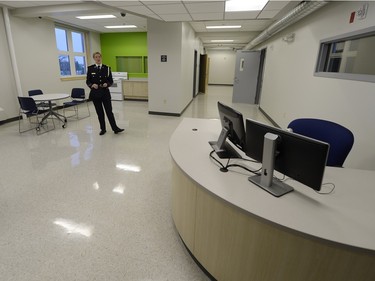 Jennifer Brand, staff training officer with Correctional Services Canada, tours media through the tour the new Correctional Service of Canada training academy located on RCMP Depot in Regina on Wednesday.