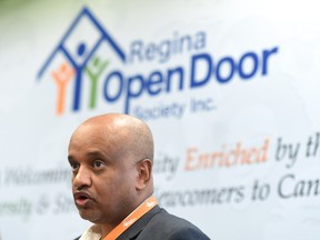Getachew Woldeyesus, settlement, family and community services manager, speaks about the launch of an Emergency Operation Centre to support the Regina Open Door Society and partner organizations in the resettlement of Syrian