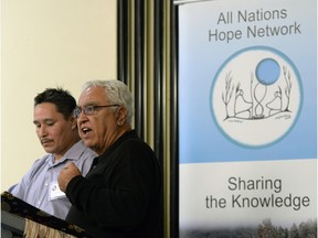 REGINA,Sk: DECEMBER 1, 2015 -- Melton Peekeekoot (left) and Joseph Fosella speaking at a men's panel at annual indigenous HIV conference