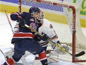 Regina Pats forward Jake Leschyshyn can't find the twine during WHL action between the Pats and Kamloops Blazers at the Brandt Centre on Tuesday.