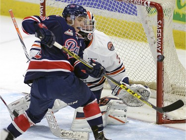 Pats Jake Leschyshyv 26 can't find the twine during WHL action between the Regina Pats and the Kamloops Blazers at the Brandt Centre.