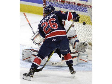 Pats Jake Leschyshyv 26 can't find the twine during WHL action between the Regina Pats and the Kamloops Blazers at the Brandt Centre.