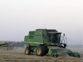 The unseasonable warm weather in southern Saskatchewan this November and early December meant that these farmers near Indian Head got a chance to take this crop off Dec. 8.