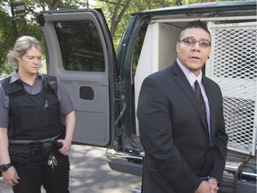 Blaine Thomas Taypotat leaves court in June after he was sentenced to 9 1/2 years in jail for the drunk driving death of Saskatchewan conservation officer Justin Knackstedt.