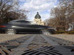 A car drives through Wascana Centre in March 2013.