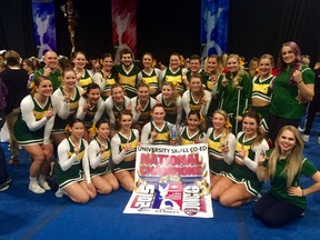 University of Regina Cheer Team celebrates its 2015 national championship in London, Ont., on Saturday.