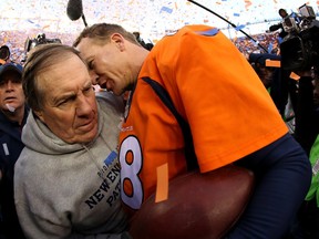 Denver Broncos quarterback Peyton Manning and New England Patriots head coach Bill Belichick speak after Sunday's AFC championship game. Manning and the Broncos were happy, while Belichick and the Patriots were deflated.