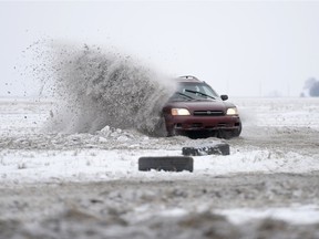 Boston Richardson takes the corner a bit wide during a Winter Rally X race held in a field south of Regina, Sask. on Sunday January 24, 2016.