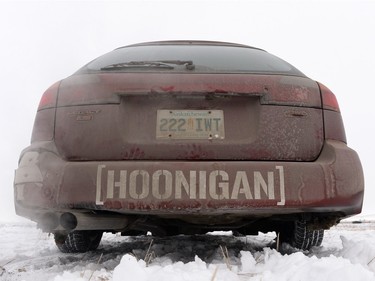 Boston Richardson's bumper says "hoonigan" at a Winter Rally X race held in a field south of Regina, Sask. on Sunday January 24, 2016.