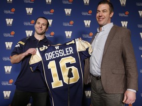 Slotback Weston Dressler, left, and Winnipeg Blue Bombers general manager Kyle Walters are shown during Wednesday's media conference. The No. 16 signifies next season with the Blue Bombers and is not Dressler's new number.