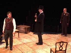 Kevin Kruchkywich (left), as Sherlock Holmes, Jeff Irving, as Dr. Mortimer, and Michael Spencer-Davis, as Dr. Watson, star in Globe Theatre's The Hound of the Baskervilles.