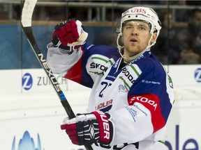 Ryan Macmurchy celebrates after scoring during the game between Finland's Jokerit Helsinki and Germany's Adler Mannheim at the 89th Spengler Cup hockey tournament in Switzerland on Dec. 27.