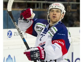 Regina's Ryan MacMurchy, shown here during a game at the Spengler Cup in Davos, Switzerland on Dec. 27, 2015, loves playing hockey in Europe.