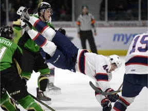 Regina Pats defenceman Connor Hobbs, shown in a game earlier this season against the Prince Albert Raiders, scored a goal Friday night in his first game back from injury.