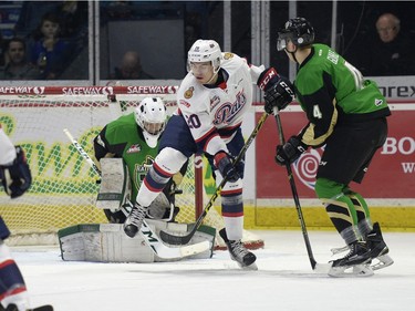 Regina Pats forward Luc Smith screens Prince Albert Raiders goalie Ian Scott  at the Brandt Centre in Regina, Sask. on Saturday January 23, 2016.