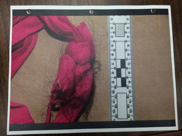 A reproduction of a photo entered as an exhibit at the Goforth trial. It shows a knotted pink piece of fabric with hair entwined in it as found in the children's bedroom at the Regina home where Tammy and Kevin Goforth resided.