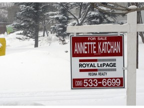 Home for sale sign  southeast end in this file shot. Royal LePage says Regina home prices fell 1.4 per cent in 2015, but should increase 1.0 per cent in 2016.