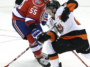 Cole Sanford, right, gives the Pats a 50-goal scorer and a finisher to play alongside star centre Sam Steel.