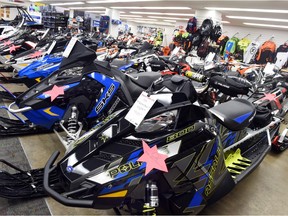 Snowmobiles at Alsport Sales Ltd., in Regina on January 11, 2016.  It is the driest winter since 1943 and is impacting sales.