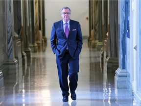 REGINA SK: JANUARY 20, 2016 -- Saskatchewan Premier Brad Wall walking back to his office at the legislative building after a scrum regarding the possibility of a $1-billion stimulus package from the federal government for Alberta and Saskatchewan.