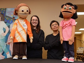 Christina Phipps Kante (left) and Clara Der pose with their Kids On the Block puppets.