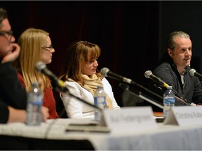 Avi Federgreen, from left, Federgreen Ent. and IndieCan Ent. Christina Kubacki, Entertainment One, Melissa Kajpust, Super Channel and Glenn Cockburn, Meridian Artists. speak during a Creative Saskatchewan Screenwriters panel at The Artesian in Regina on Friday.