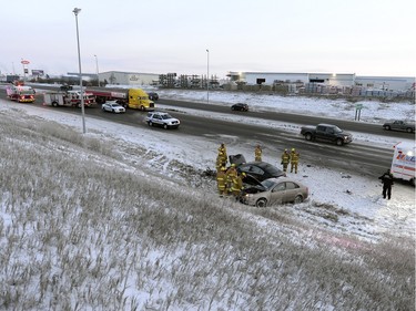 Police, Fire, and EMS respond to the scene of a three car collision on Ring road near Ross Ave. Wednesday morning.