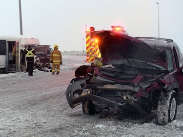 Police Fire and EMS respond to a two vehicle crash on Ring Road east of McDonald Street Wednesday morning. The crash backed up traffic on Ring Road to Winnipeg Street.