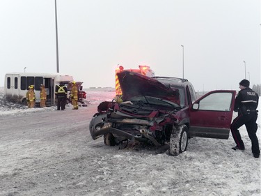 Police Fire and EMS respond to a two vehicle crash on Ring Road east of McDonald Street Wednesday morning. The crash backed up traffic on Ring Road to Winnipeg Street.
