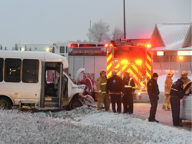 Police Fire and EMS respond to a two vehicle crash on Ring Road east of McDonald Street Wednesday morning. The crash backed up traffic on Ring Road to Winnipeg Street.