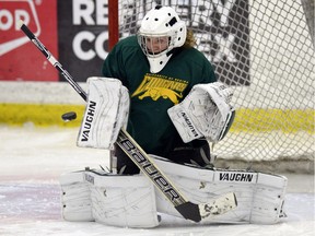 University of Regina Cougars goaltender Toni Ross, shown here during a practice Nov. 3, 2015, helped Regina post a sweep of the Lethbridge Pronghorns on the weekend.
