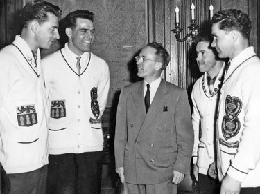 The Richardson curling team meets Tommy Douglas in this undated file photo.