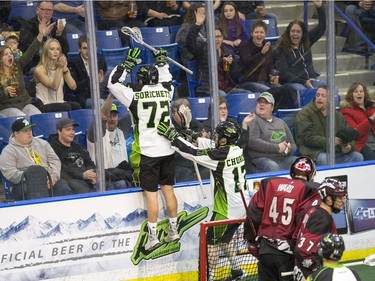 Saskatchewan Rush's Adrian Sorichetti celebrates his goal with the fans against the Colorado Mammoth in Lacrosse action at SaskTel Center,  January 29, 2016.