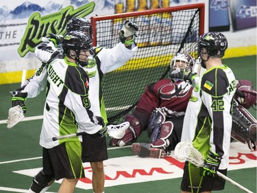 Saskatchewan Rush players celebrate.