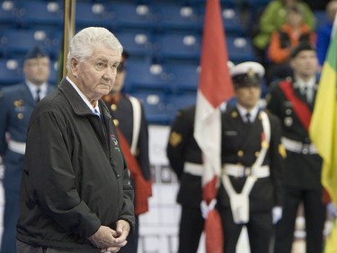 Curling legend Sam Richardson, who died Thursday at 82, is shown at the 2012 Brier opening ceremonies in Saskatoon.