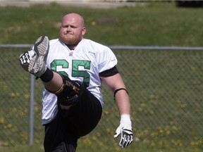Former Saskatchewan Roughriders offensive lineman Ben Heenan, shown here during a training-camp workout in Saskatoon in June of 2014, has signed a new contract with the NFL's Indianapolis Colts.