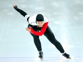 White City's Marsha Hudey, shown at the 2014 Winter Olympics, is competing at Speed Skating Canada's national single-distances long-track championships this week in Calgary.