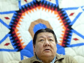 Standing Buffalo Chief Rodger Redman speaks during a news conference about the death of Mario Kaiswatum, 28, on the Standing Buffalo First Nation near Fort Qu'Appelle. Kaiswatum was found dead at the scene on New Years Day and Maurice Maple, 55, was arrested and charged with first-degree murder. Both men are from Standing Buffalo.