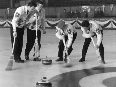 The Richardson curling rink, photographed in March 1963. L-R Ernie Richardson (skip), Mel Perry (lead), Arnold Richardson (third) and Garnet (Sam) Richardson (second).