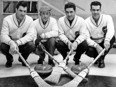 The legendary Ernie Richardson curling team in 1962. Left to right: Ernie Richardson (skip), Arnold Richardson (third), Sam Richardson (second) and Wes Richardson (lead).