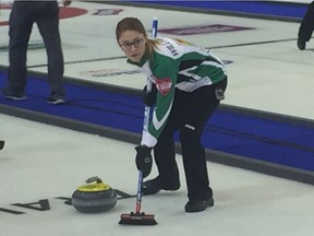 Ashley Williamson of Jolene Campbell's Saskatchewan team practises at the Scotties Tournament of Hearts at Revolution Place in Grande Prairie, Alta., on Friday.