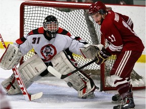 Cohen Yano of the Traveland RV Storm, shown on the right in a 2015 Prairie Junior Hockey League game against the host Saskatoon Quakers, had the shootout winner for his team on Tuesday in Fort Qu'Appelle.