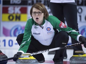 Saskatchewan skip Jolene Campbell calls a shot against Ontario in Sunday morning's draw at the Scotties Tournament of Hearts in Grande Prairie, Alta.