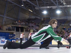 Saskatchewan skip Jolene Campbell releases a shot against New Brunswick during Monday's afternoon draw at the Scotties Tournament of Hearts in Grande Prairie, Alta.