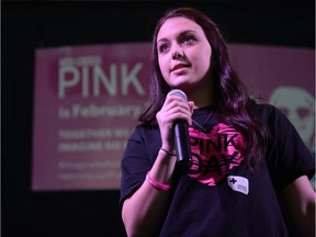 Chelsie Christison, a Red Cross Youth Ambassador, speaks during a Red Cross Day of Pink rally held at the University of Regina.