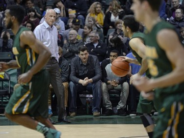 Cougars coach Steve Burrows paces in front of the bench during a playoff game held at the University of Regina on Saturday Feb. 27, 2016.