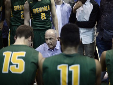 Cougars coach Steve Burrows speaks to the team during a playoff game held at the University of Regina on Saturday Feb. 27, 2016.