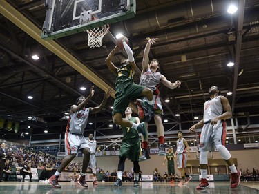 Cougars guard Jonathan Tull goes to the Wesmen net during a playoff game held at the University of Regina on Saturday Feb. 27, 2016.